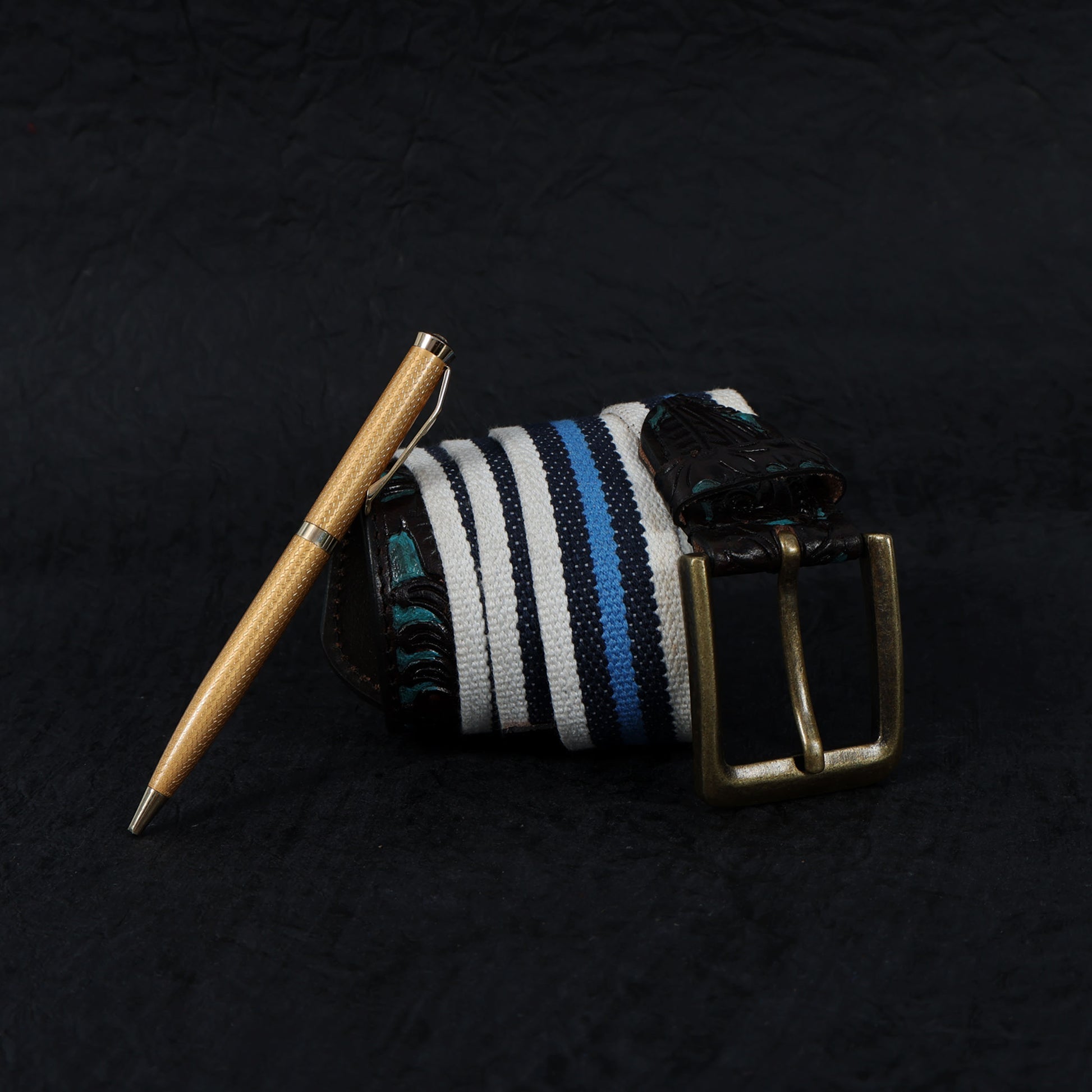 Unisex Genuine Leather Floral Embossed Canvas Blue White Waist Accessory Brass Buckle
