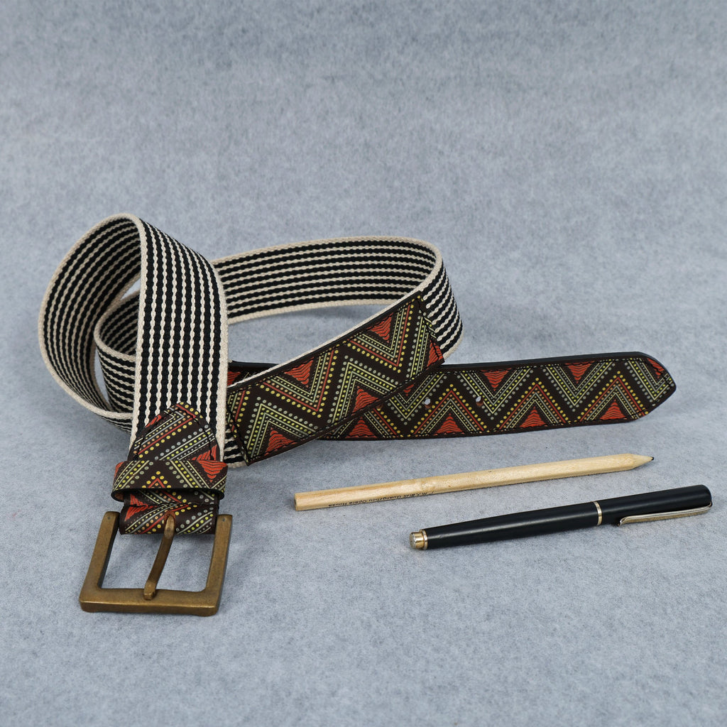 Unisex Genuine Leather Tribal Geometric Elastic Waist Accessory Antique Metal Buckle