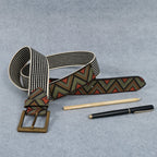 Unisex Genuine Leather Tribal Geometric Elastic Waist Accessory Antique Metal Buckle