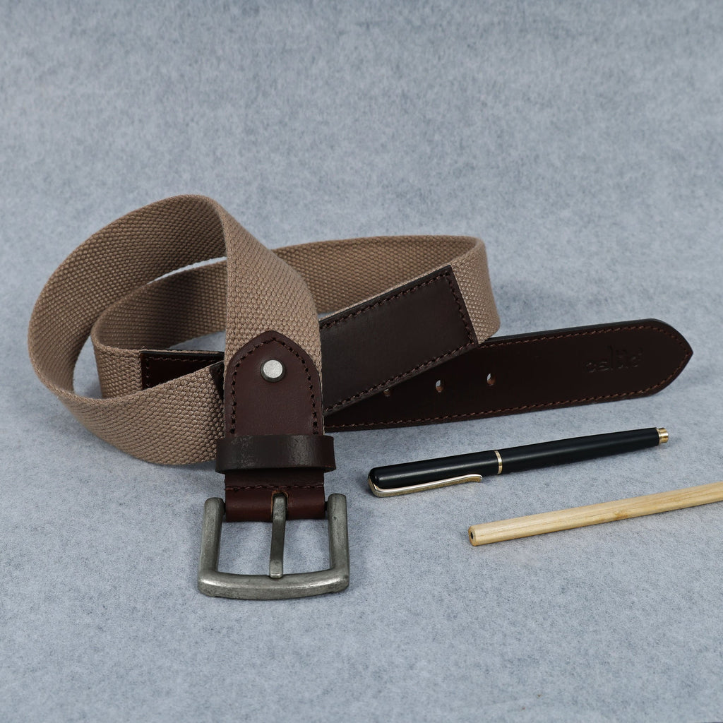 Unisex Genuine Leather Canvas Beige Brown Waist Accessory Metal Buckle Casual