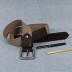Unisex Genuine Leather Canvas Beige Brown Waist Accessory Metal Buckle Casual