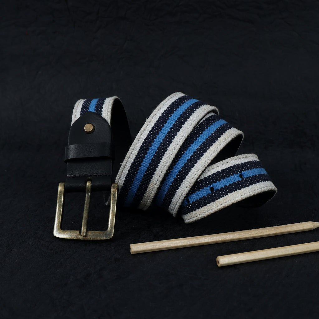Unisex Genuine Leather Canvas Blue White Striped Waist Accessory Brass Buckle Casual
