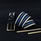 Unisex Genuine Leather Canvas Blue White Striped Waist Accessory Brass Buckle Casual
