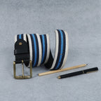 Unisex Genuine Leather Canvas Blue White Striped Waist Accessory Brass Buckle Casual