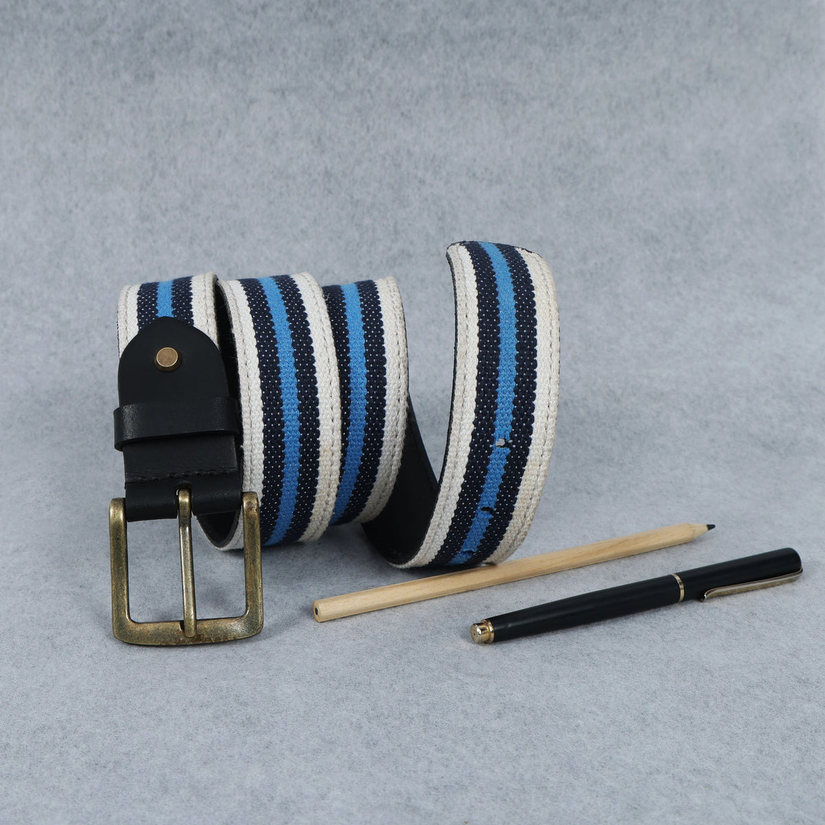 Unisex Genuine Leather Canvas Blue White Striped Waist Accessory Brass Buckle Casual