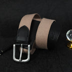 Unisex Genuine Leather Canvas Beige Black Waist Accessory Metal Buckle Casual