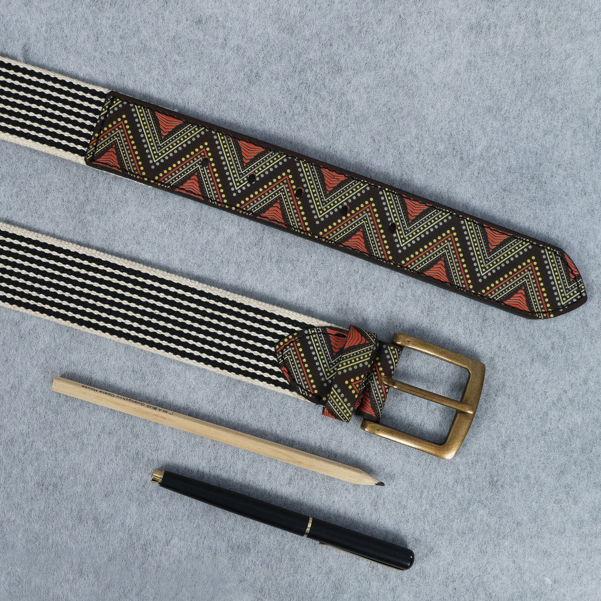Unisex Genuine Leather Tribal Geometric Elastic Waist Accessory Antique Metal Buckle