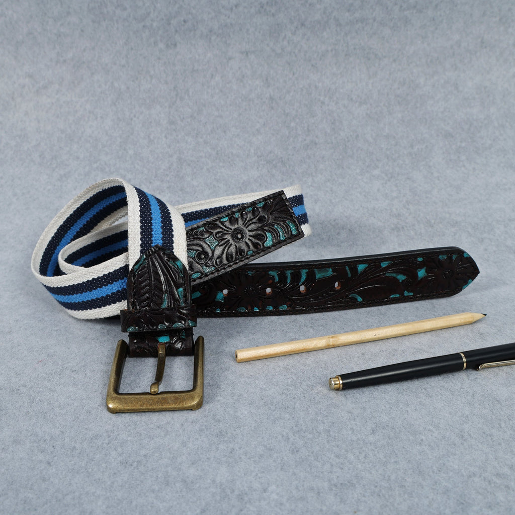 Unisex Genuine Leather Floral Embossed Canvas Blue White Waist Accessory Brass Buckle