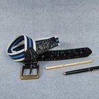 Unisex Genuine Leather Floral Embossed Canvas Blue White Waist Accessory Brass Buckle