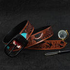 Unisex Genuine Leather Embossed Brown Feather Western Casual Waistbelt Matte Black Buckle