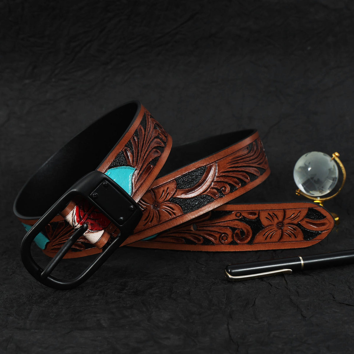 Unisex Genuine Leather Embossed Brown Feather Western Casual Waistbelt Matte Black Buckle