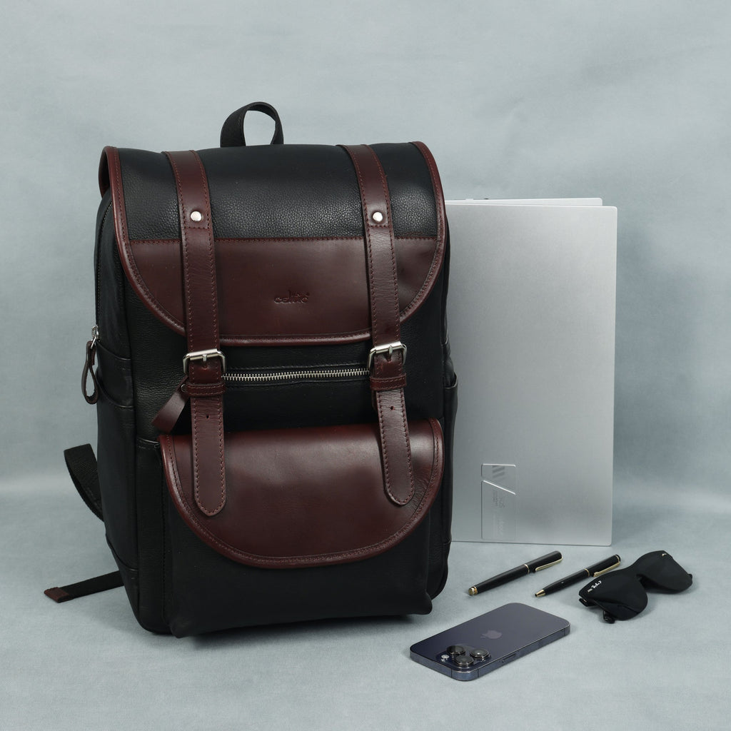 Premium Leather Laptop Backpack with Dual Buckle Design, Multiple Zip Pockets