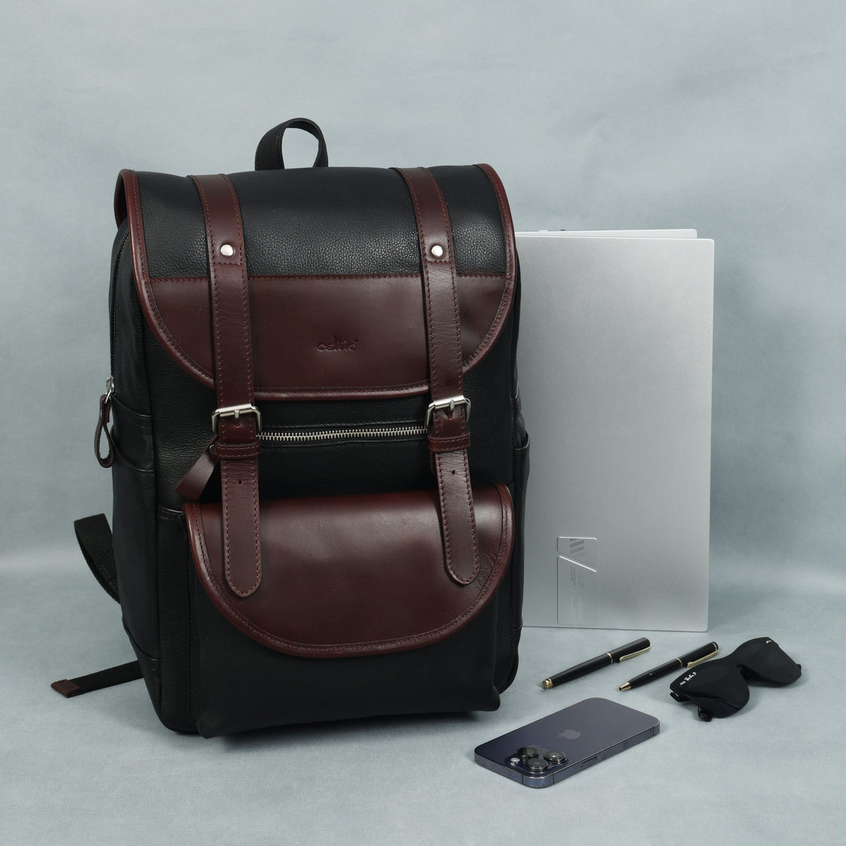 Premium Leather Laptop Backpack with Dual Buckle Design, Multiple Zip Pockets