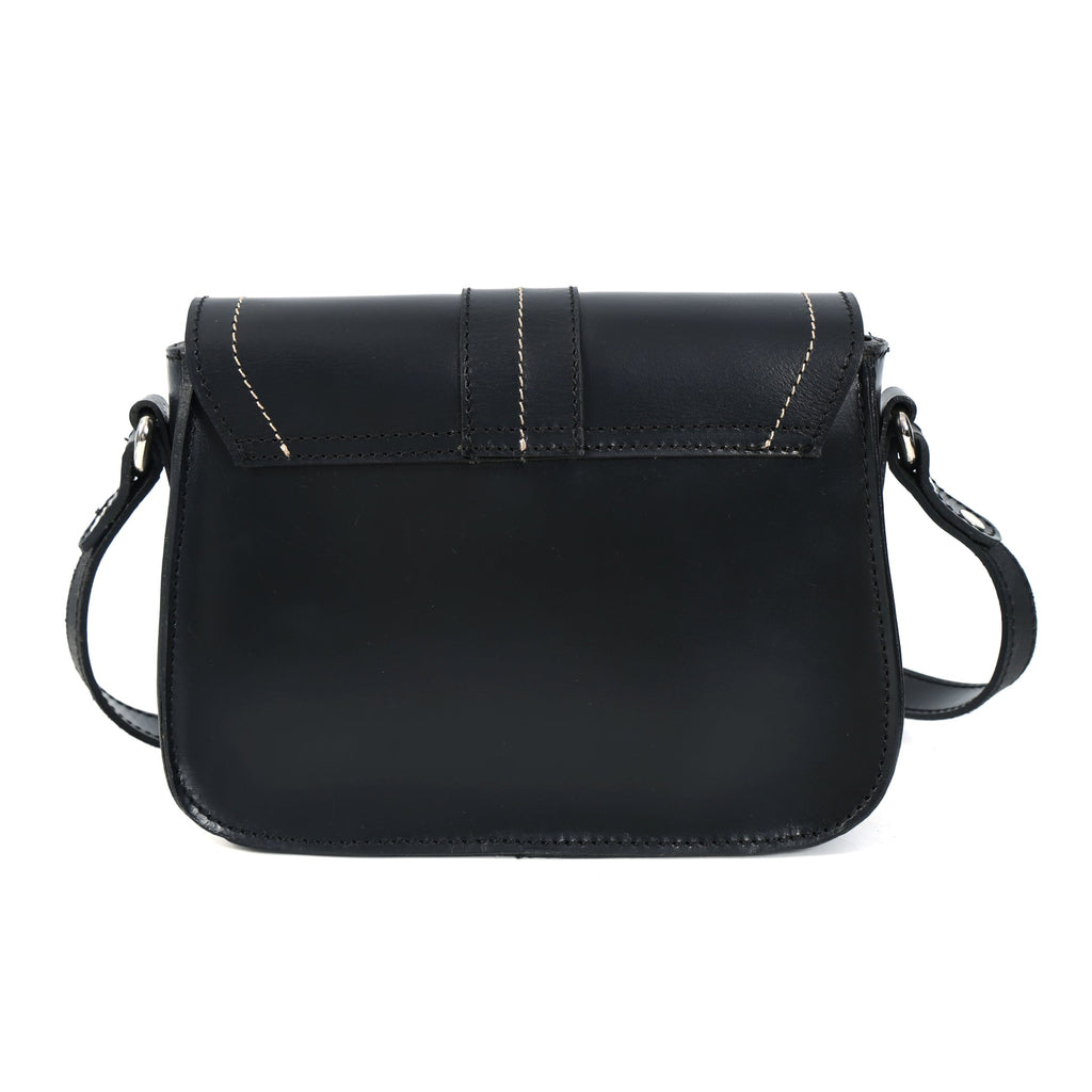 Structured Genuine Leather Crossbody Bag with Front Flap &  White Stitch Detailing