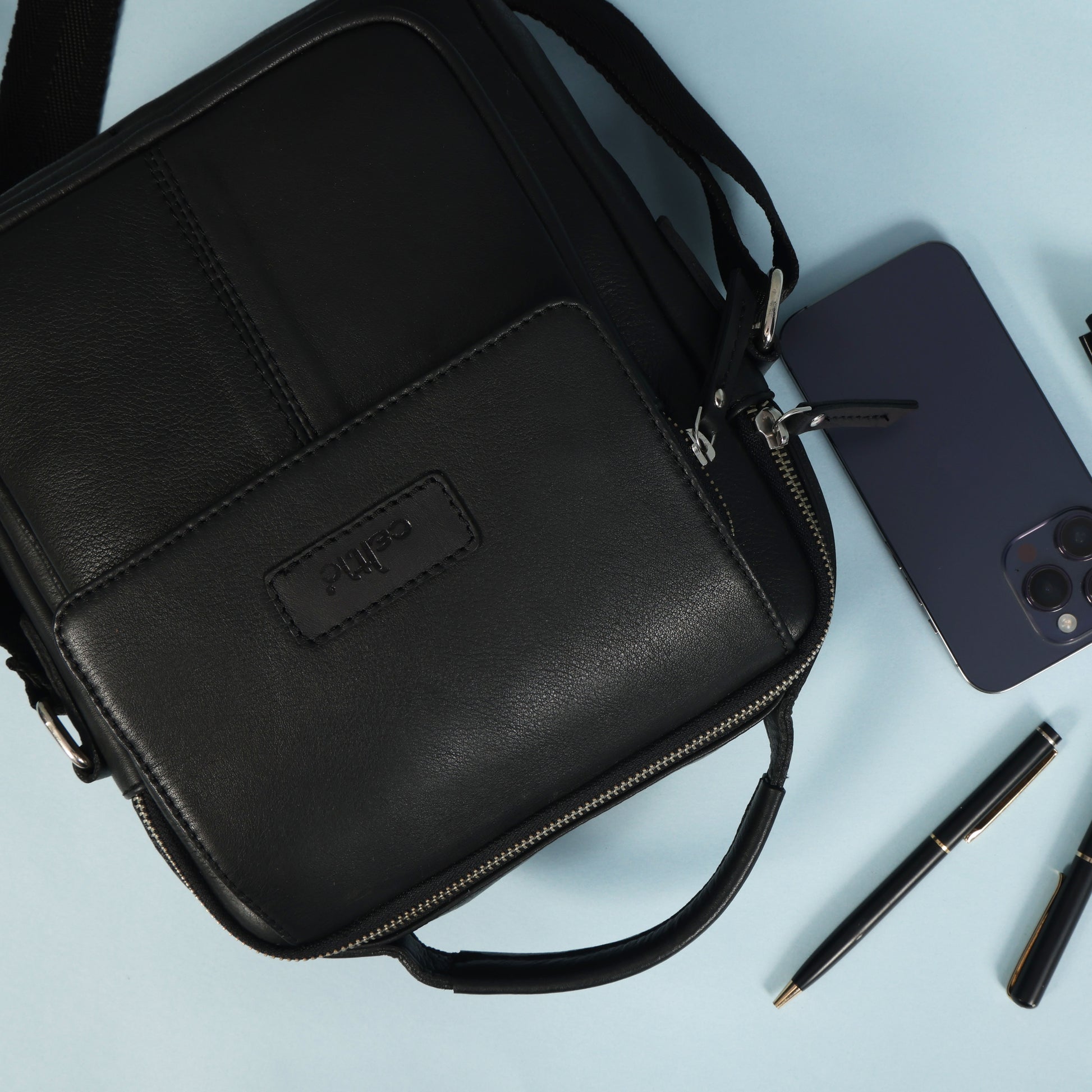 Unisex Leather Crossbody Sling Bag with Front Flap Pocket & Adjustable Strap