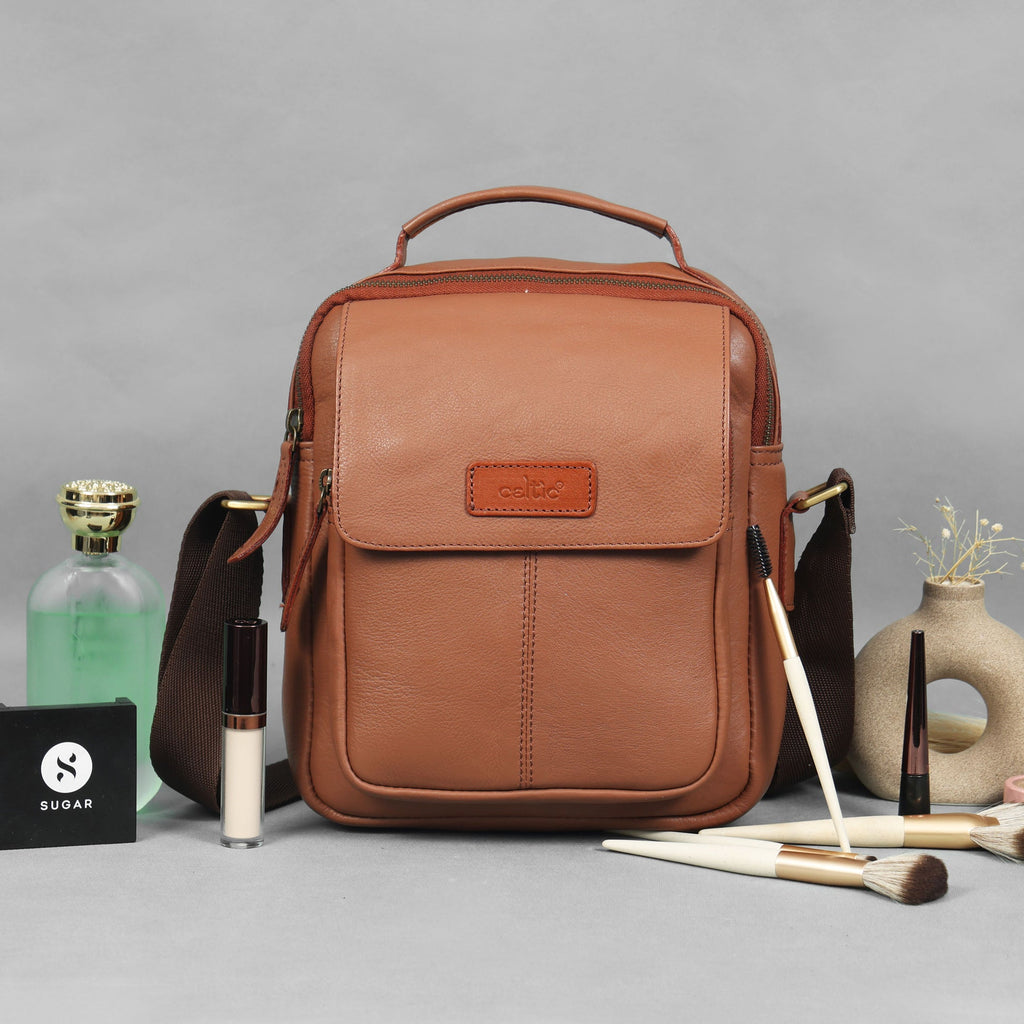 Unisex Leather Crossbody Sling Bag with Front Flap Pocket & Adjustable Strap