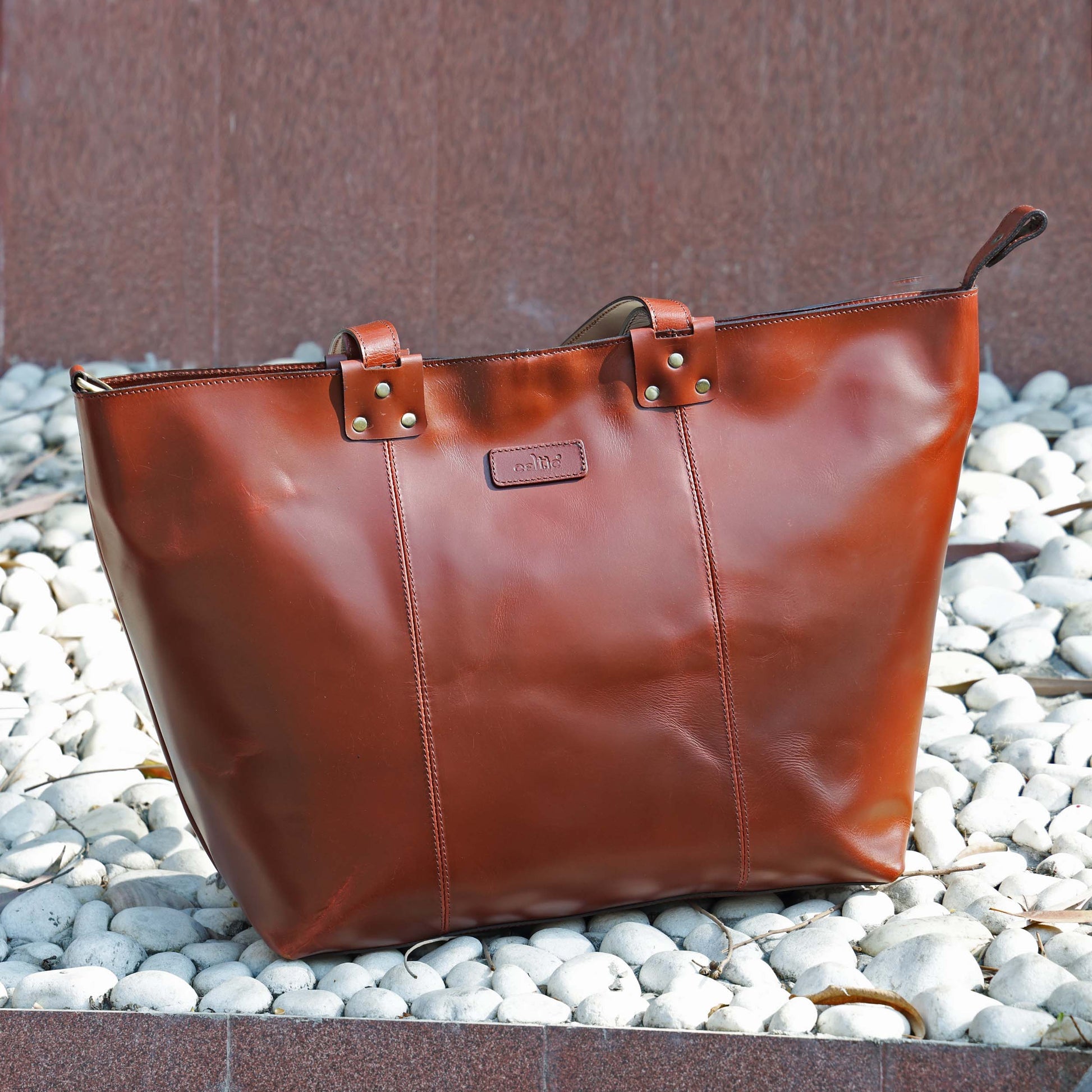Premium Full Grain Leather Tote Bag with Zipper Closure & Dual Carry Handles