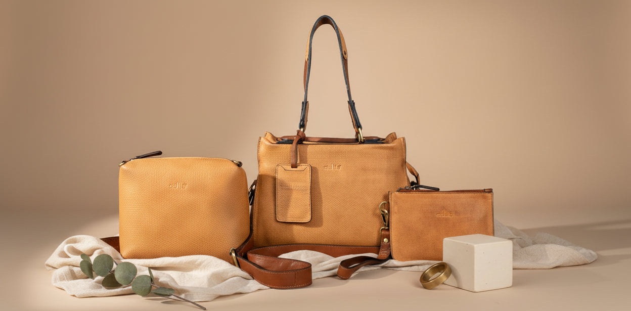 Premium Tan Leather 3-Piece Handbag Combo with Crossbody & Clutch