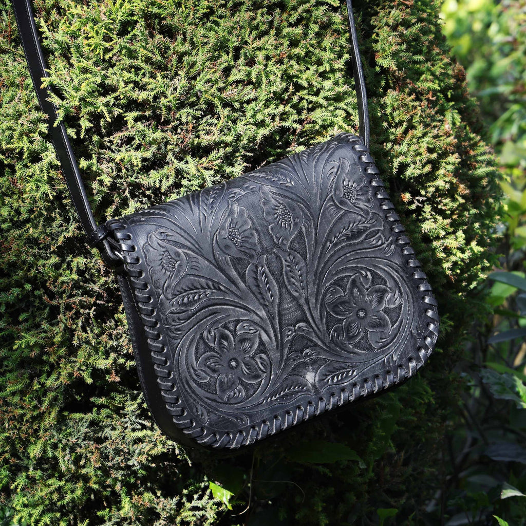 Handcrafted Black Embossed Leather Sling Bag with Magnetic Closure & Adjustable Strap