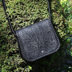 Handcrafted Black Embossed Leather Sling Bag with Magnetic Closure & Adjustable Strap