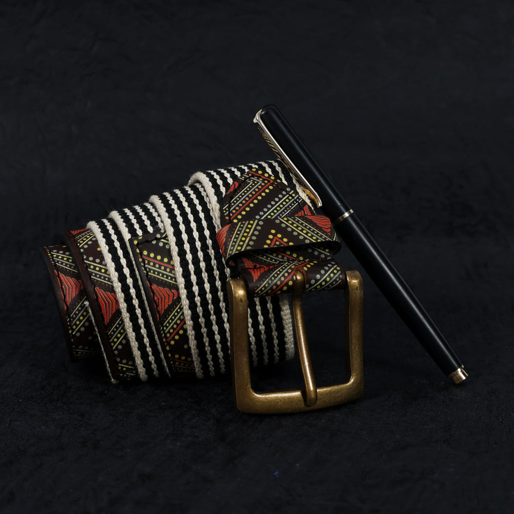 Unisex Genuine Leather Tribal Geometric Elastic Waist Accessory Antique Metal Buckle