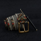 Unisex Genuine Leather Tribal Geometric Elastic Waist Accessory Antique Metal Buckle