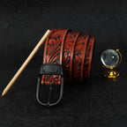 Unisex Genuine Leather Brown Floral Tooled Western Waistbelt Matte Black Buckle