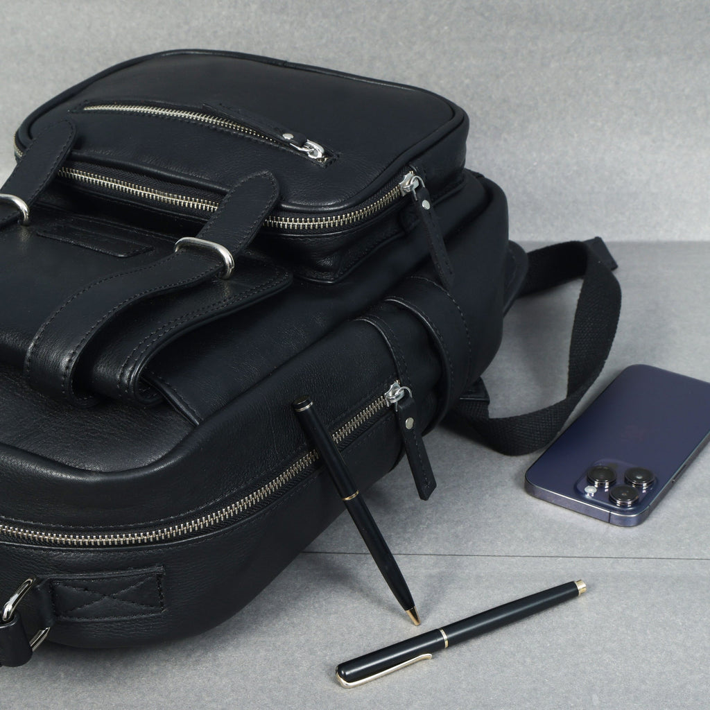 Premium Full-Grain Leather Backpack with Laptop Compartment & Multiple Zip Pockets