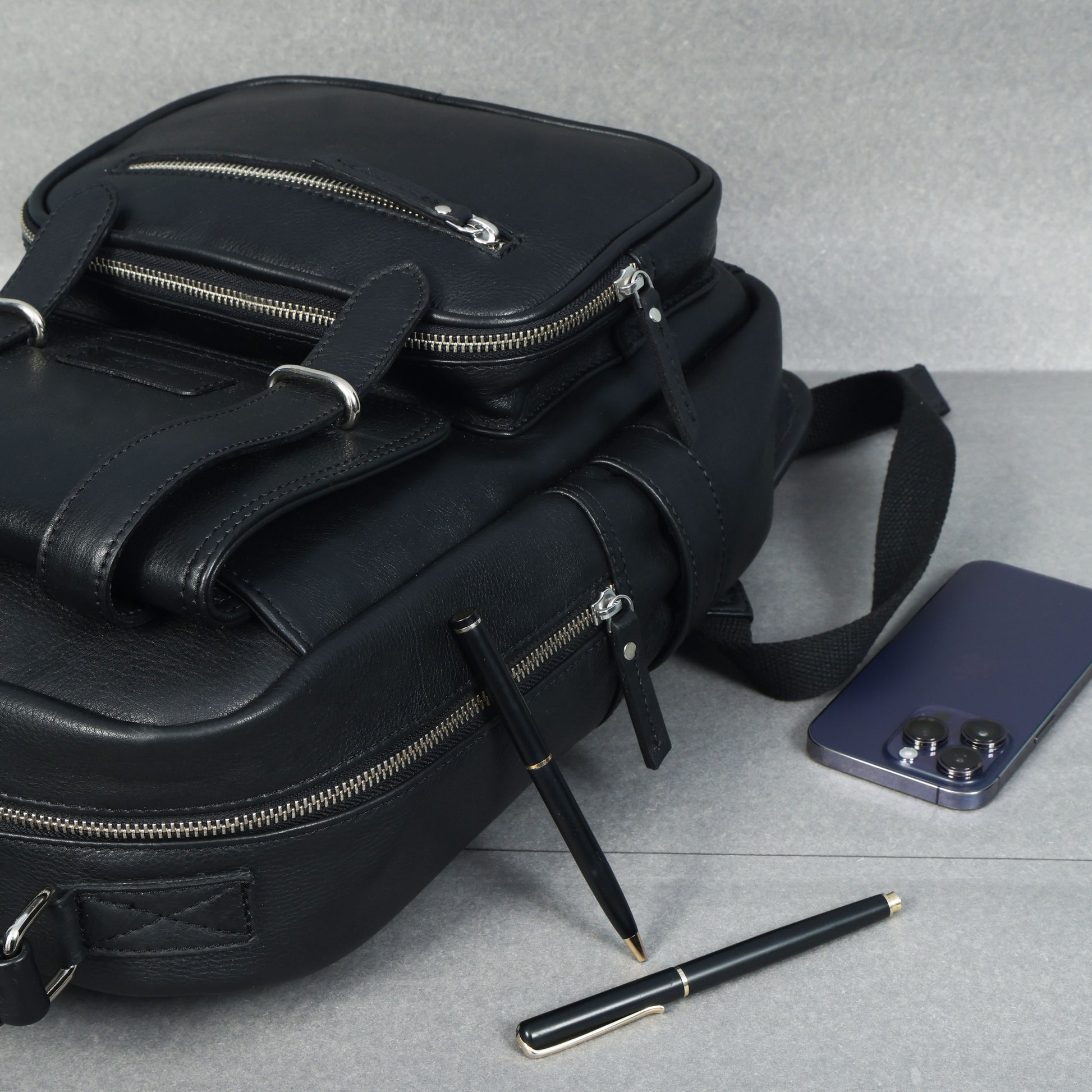 Premium Full-Grain Leather Backpack with Laptop Compartment & Multiple Zip Pockets