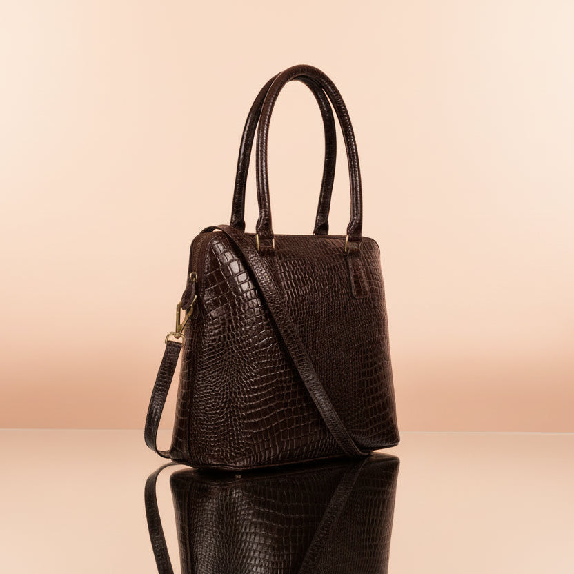 Premium Croc-Embossed Leather Tote Bag with Zip Closure & Detachable Shoulder Strap