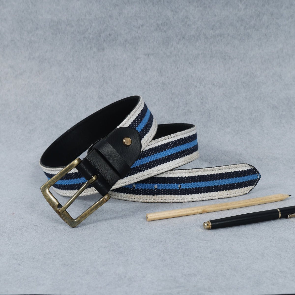 Unisex Genuine Leather Canvas Blue White Striped Waist Accessory Brass Buckle Casual