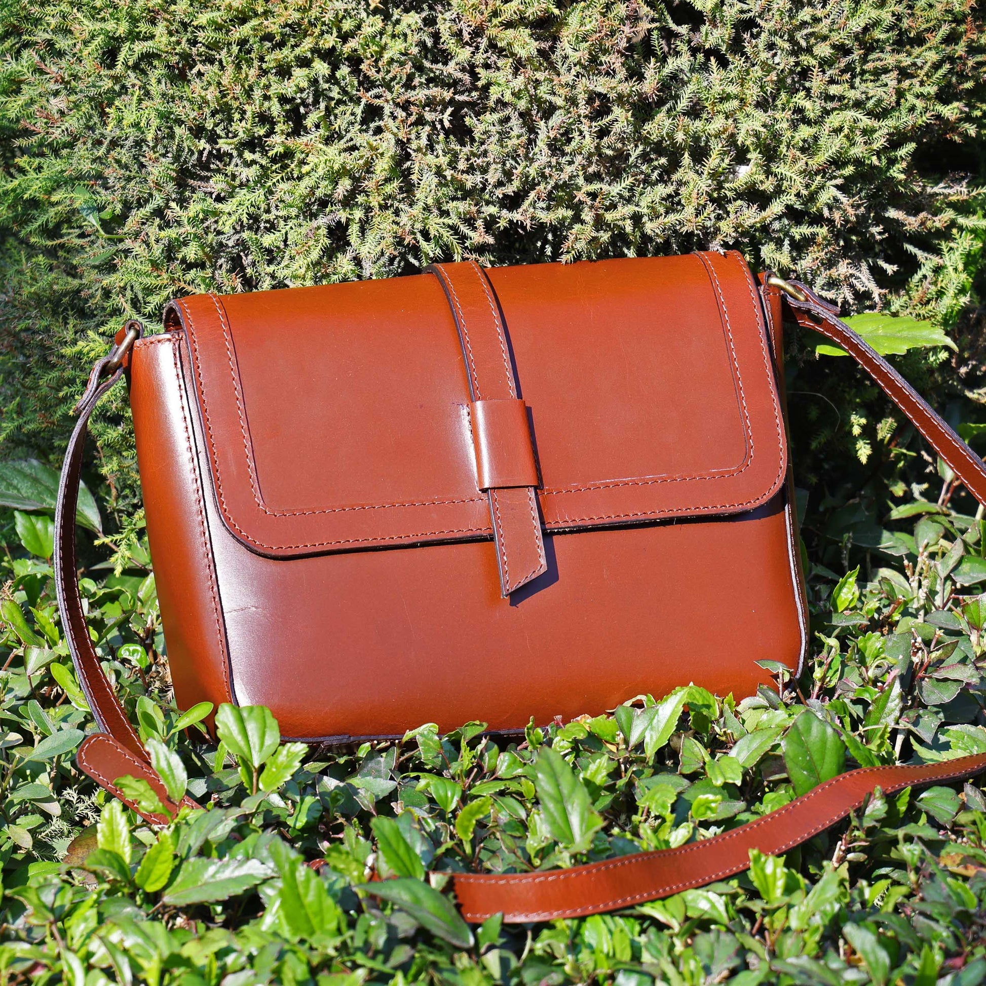 Premium Full-Grain Leather Sling Bag with Flap Closure,  & Adjustable Strap