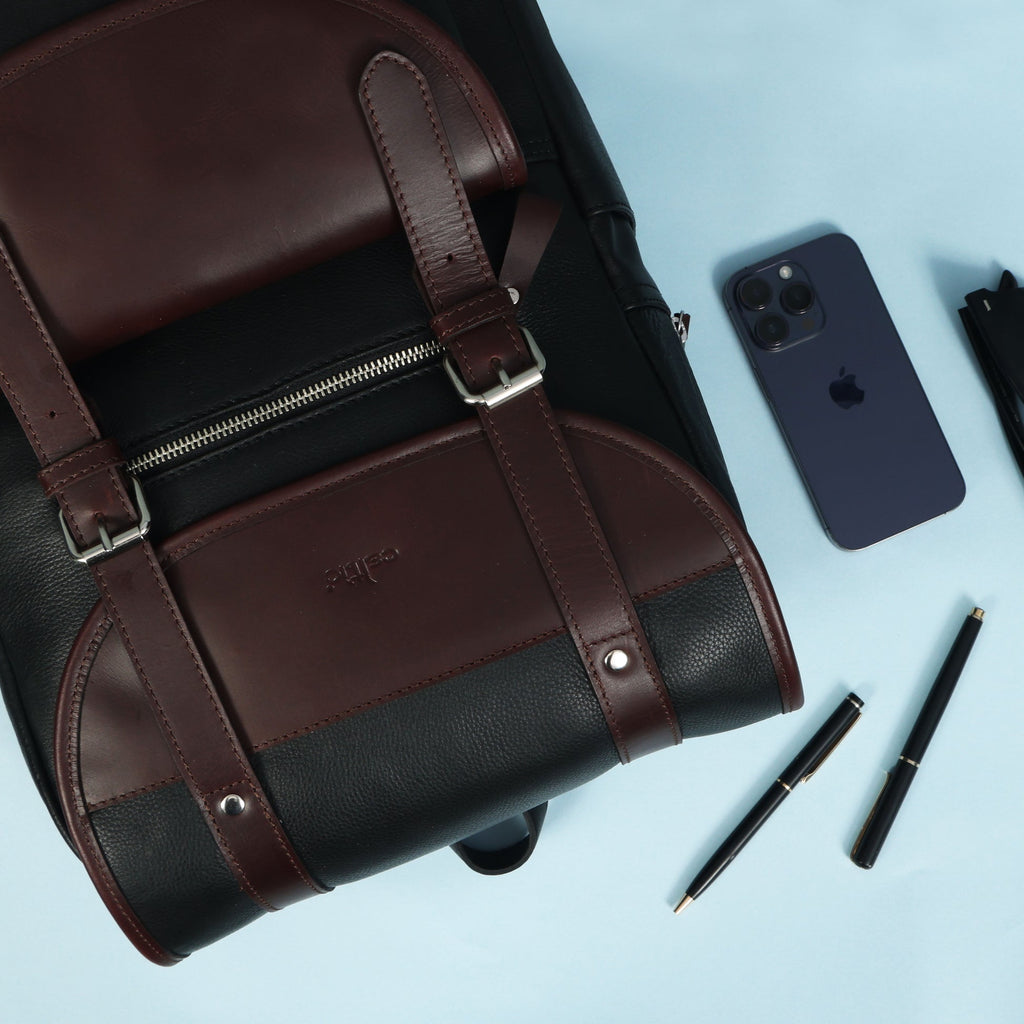 Premium Leather Laptop Backpack with Dual Buckle Design, Multiple Zip Pockets