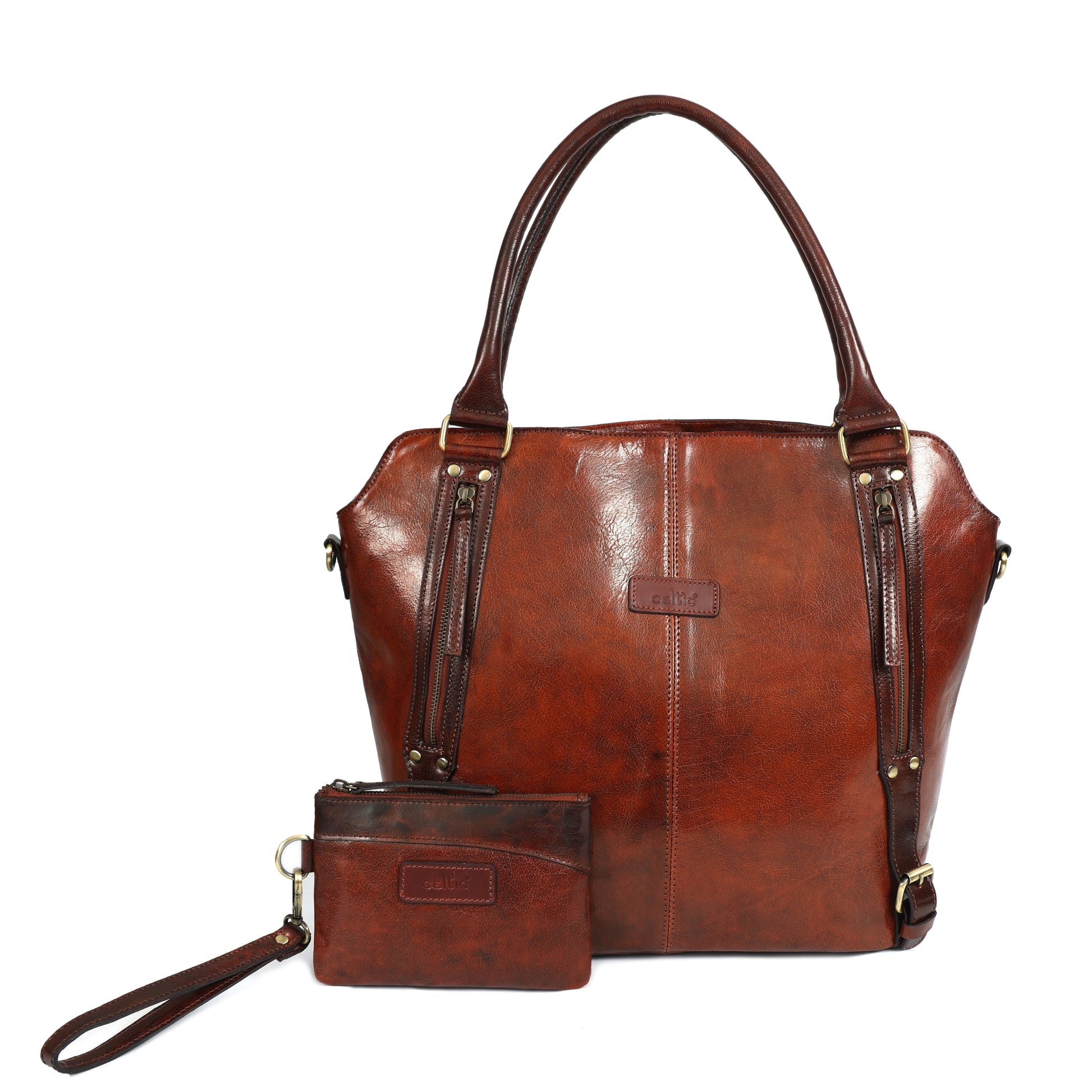 Genuine Leather vintage Brown Tote & Wristlet Combo- Premium set For women