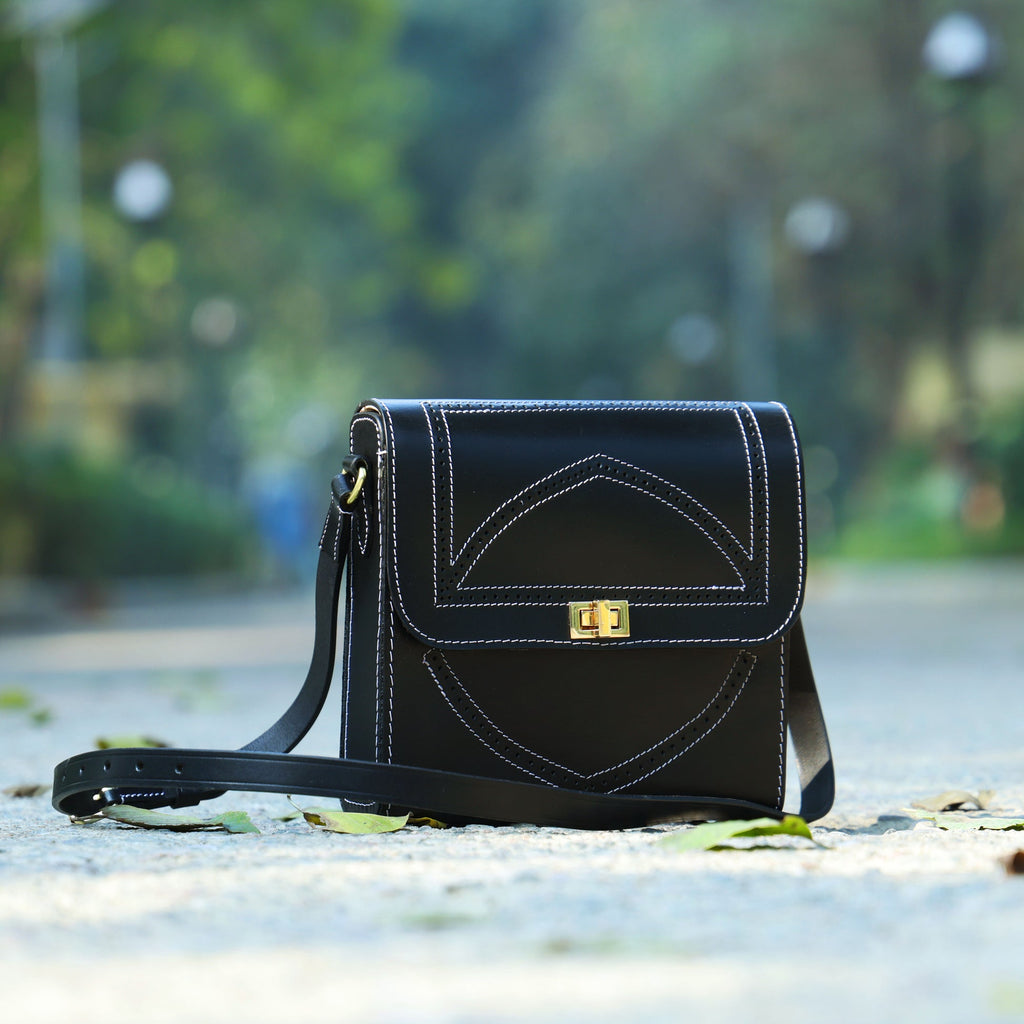 Black Structured Leather Crossbody Bag with Contrast Stitching & Secure Turn-Lock