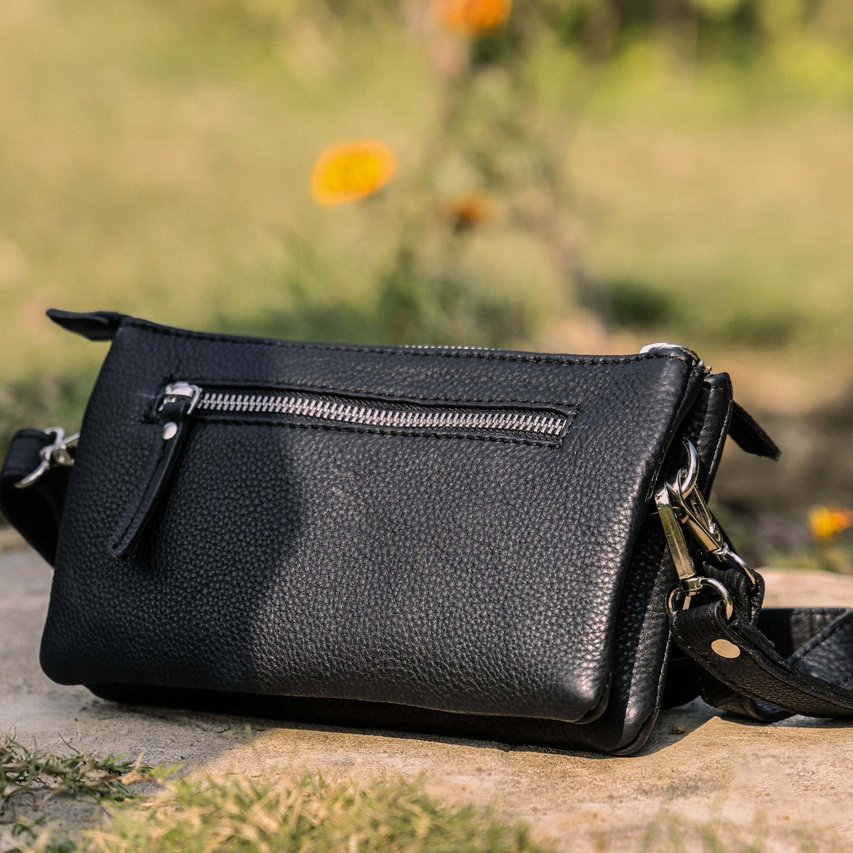 Premium Black Genuine Leather Sling Clutch with Dual Zip Compartments & Adjustable Strap