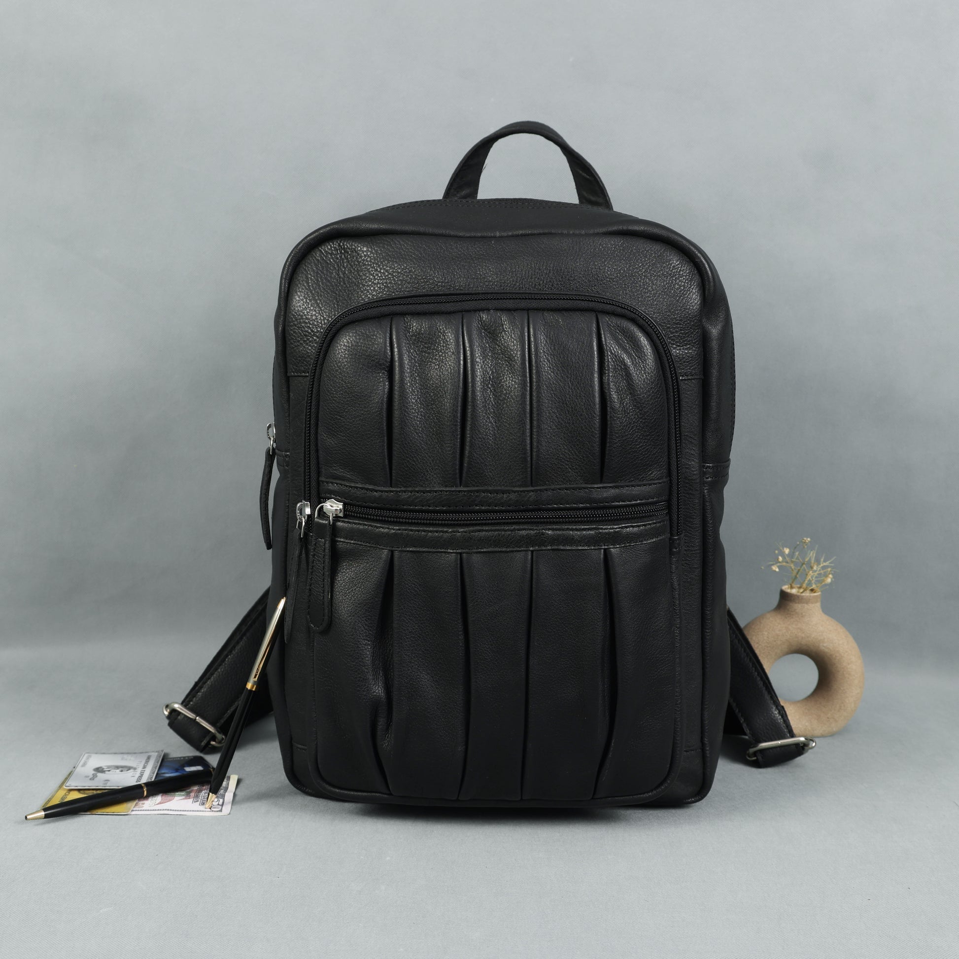 Premium Genuine Leather Multi-Zip Backpack with Padded Straps & Organizer Pockets