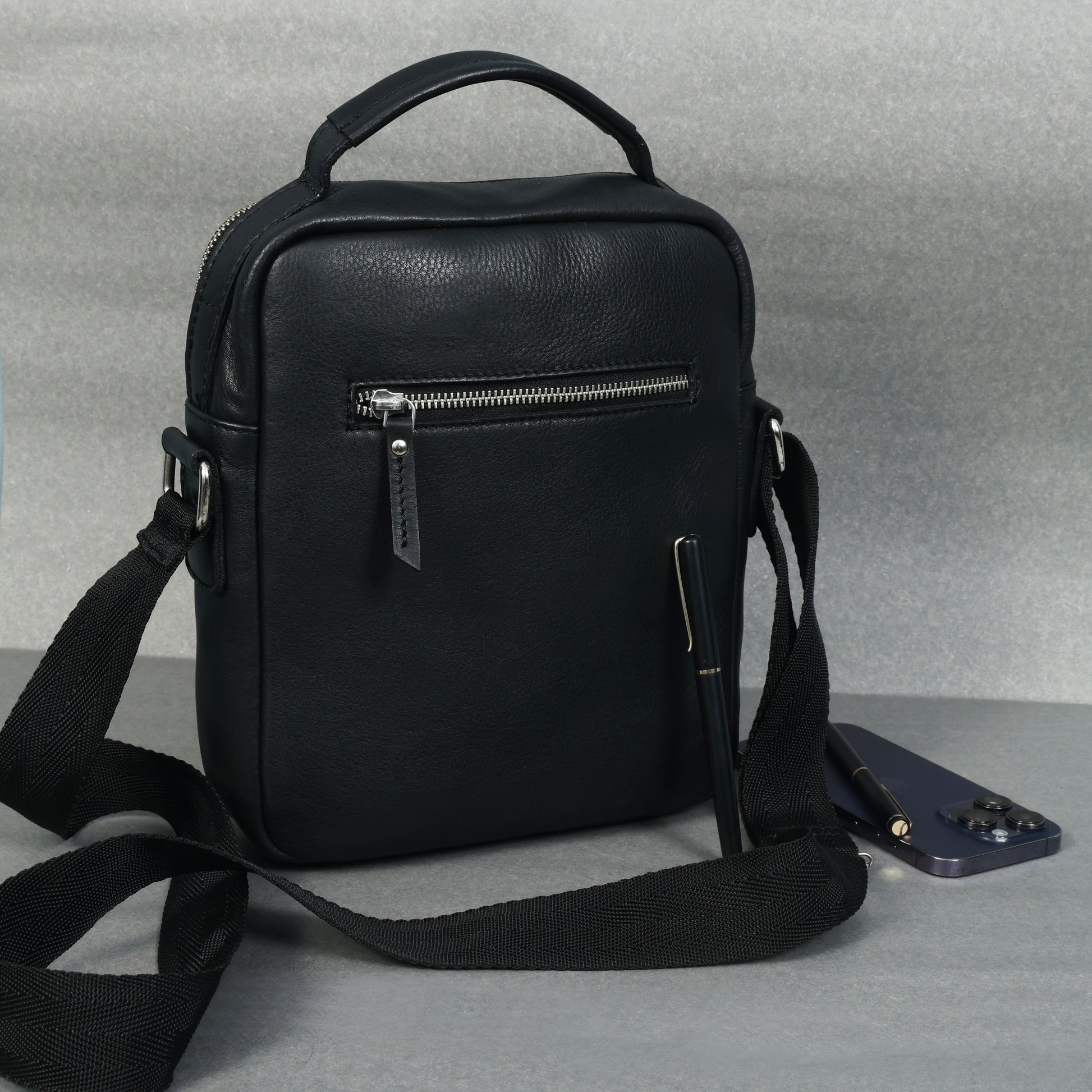 Unisex Leather Crossbody Sling Bag with Front Flap Pocket & Adjustable Strap