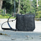 Handcrafted Black Embossed Leather Sling Bag with Magnetic Closure & Adjustable Strap