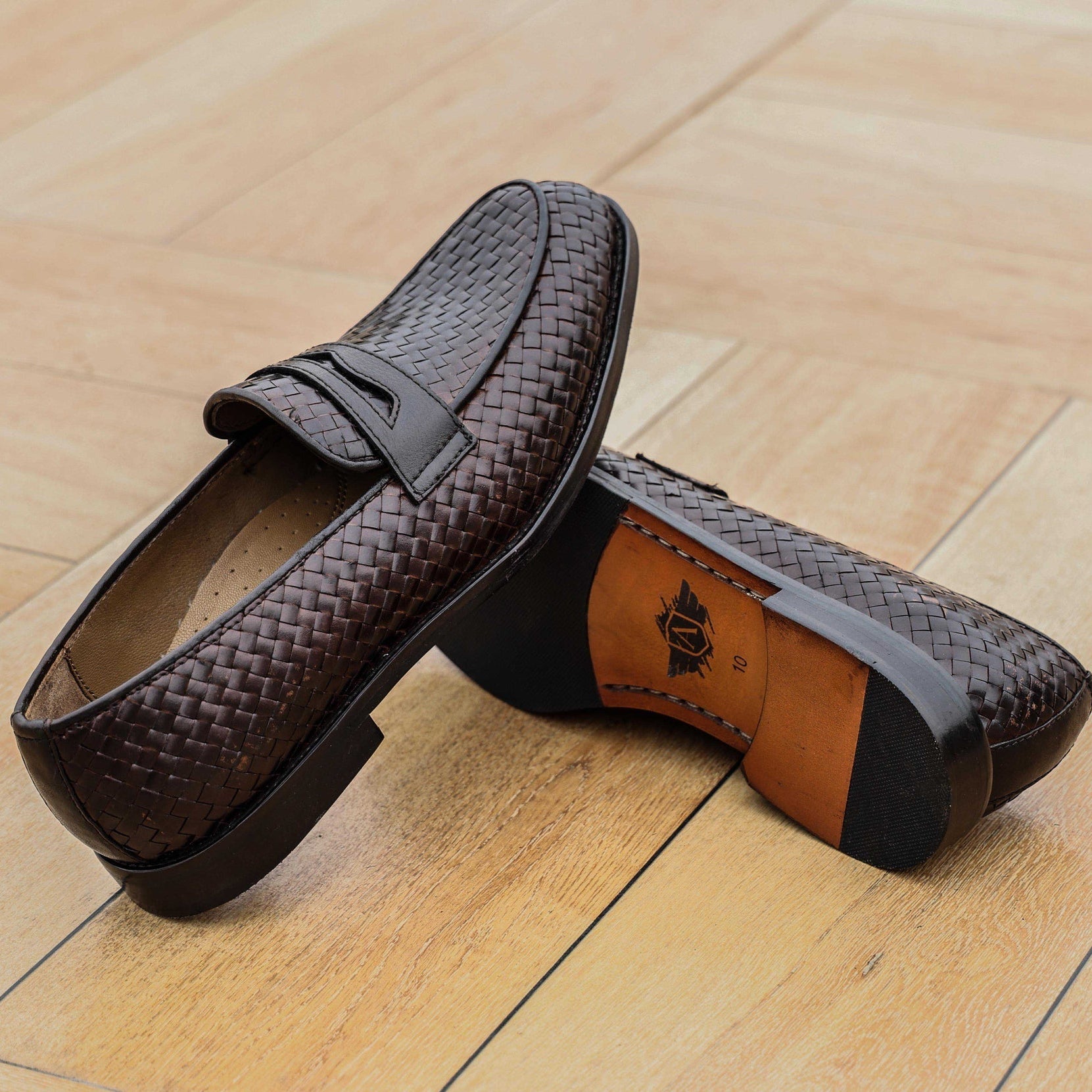 Mens Handwoven Genuine Leather Penny Loafers  Dark Brown Formal Slip-On Shoes