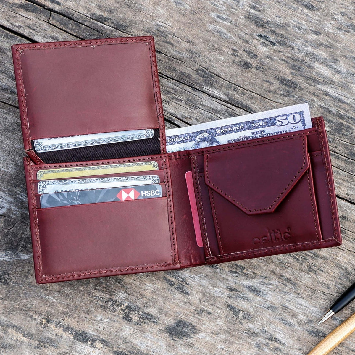 Celtic Classic Burgundy Genuine Leather Bi-Fold Wallet with Coin Pocket | Premium Men’s Wallet