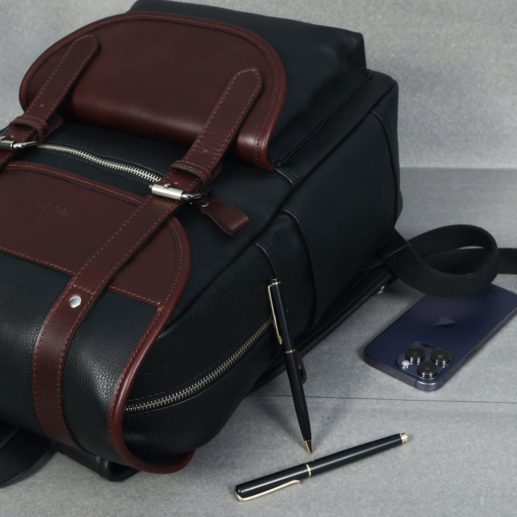 Premium Leather Laptop Backpack with Dual Buckle Design, Multiple Zip Pockets