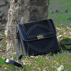 Black Structured Leather Crossbody Bag with Contrast Stitching & Secure Turn-Lock