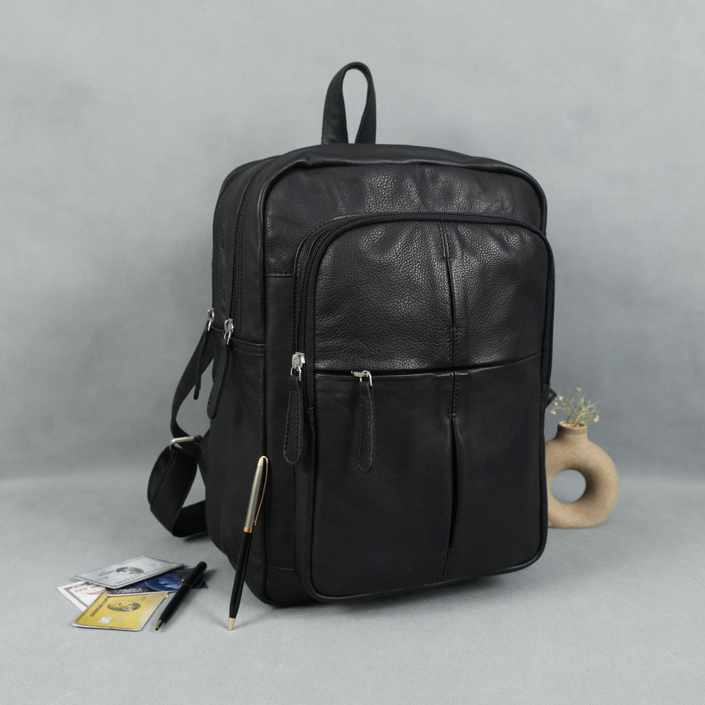 Premium Genuine Leather Multi-Zip Backpack with Padded Straps & Smart Organizer