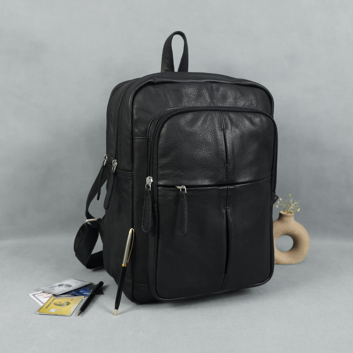 Premium Genuine Leather Multi-Zip Backpack with Padded Straps & Smart Organizer