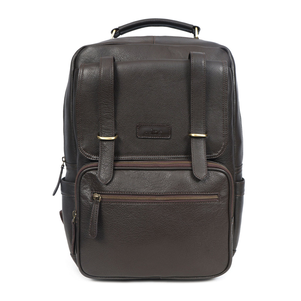 Premium Full-Grain Leather Laptop Backpack with Multi-Zip Compartments & Top Handle