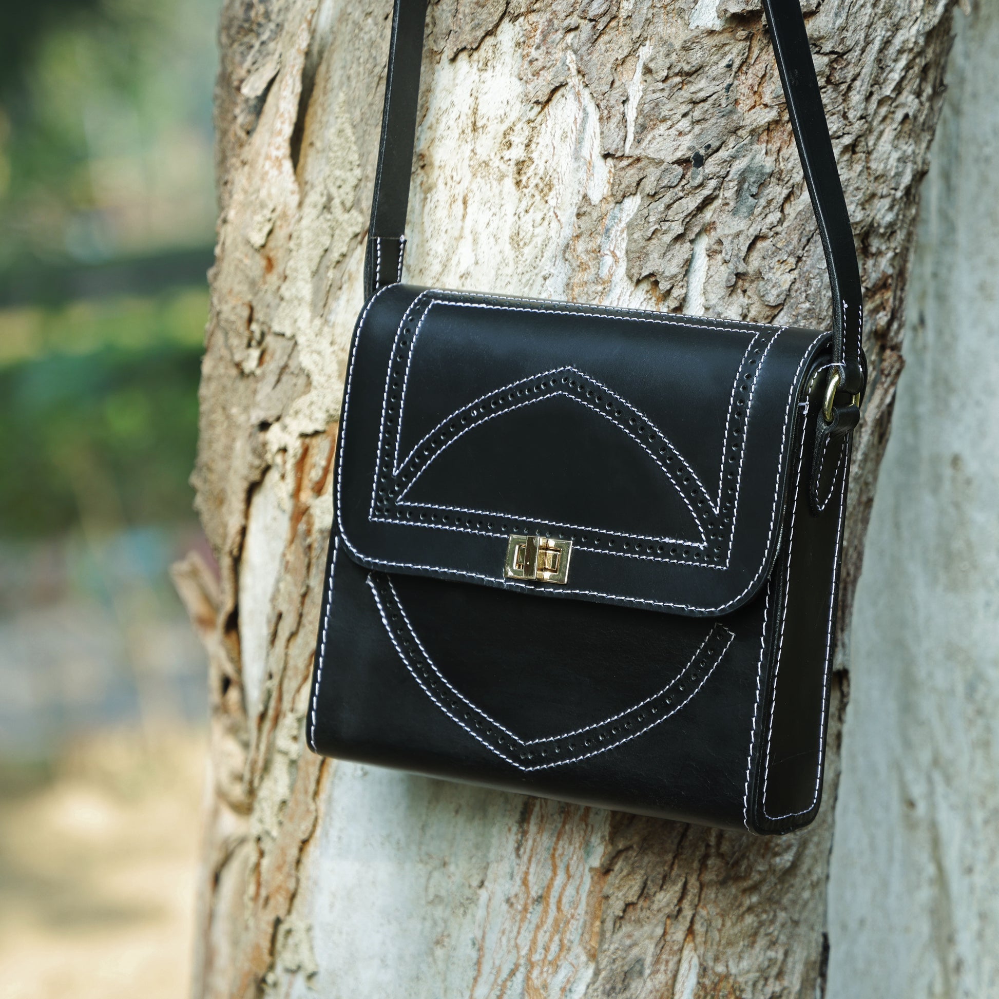 Black Structured Leather Crossbody Bag with Contrast Stitching & Secure Turn-Lock