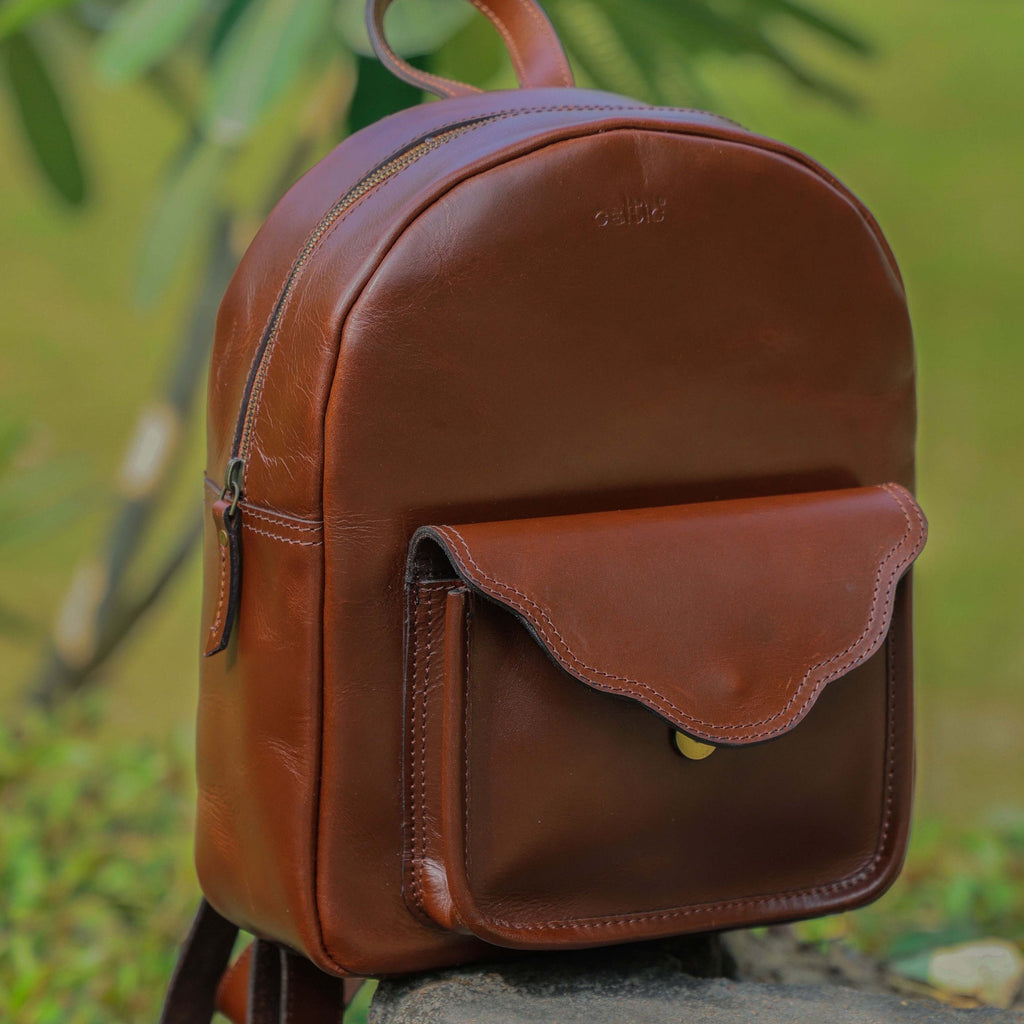Genuine Leather Mini Backpack for Women with Front Pocket Classic Brown Daypack
