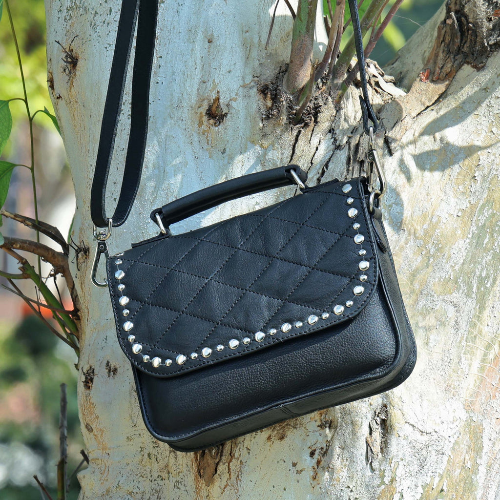 Premium  Quilted Leather Crossbody Bag with Stud Detail, Zip Pocket & Detachable Strap