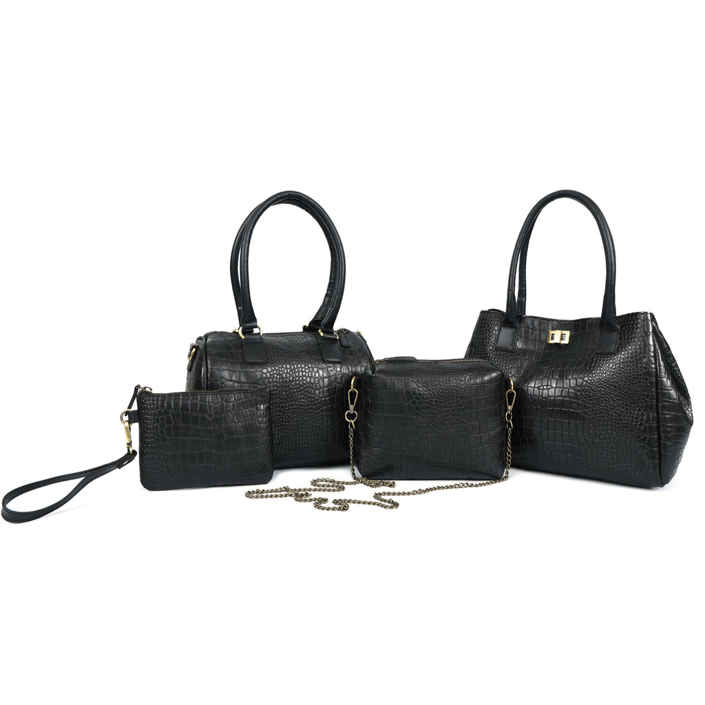 Luxury Black Crocodile Pattern Women’s 4-in-1 Handbag Set (Tote, Shoulder, Sling & clutch)